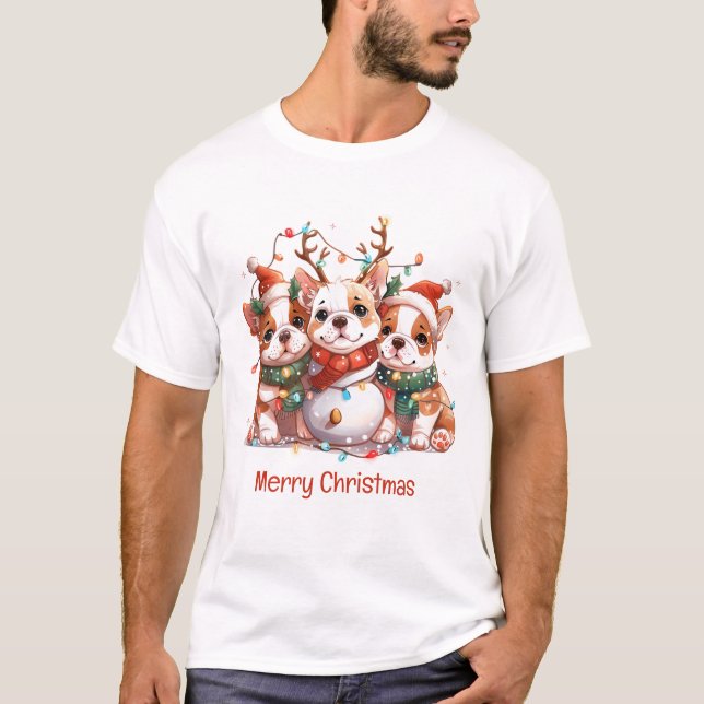 Camiseta Feliz Natal - Papais noeis de Renas para Bulldog I (Frente)