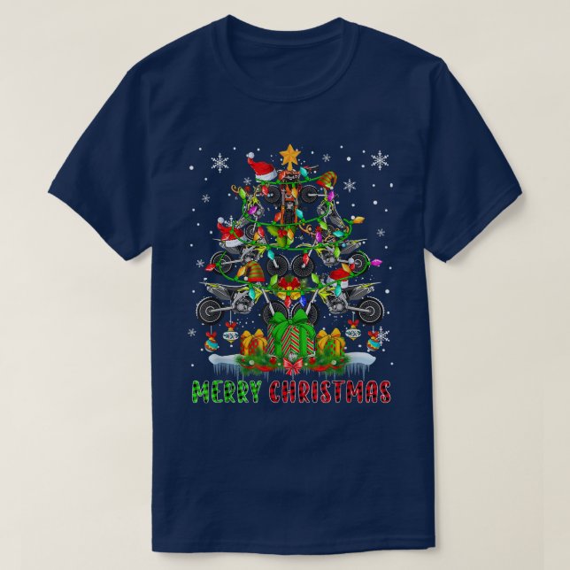 Camiseta Feliz Natal Papais noeis Dirt Bikes Xmas Tree Ligh (Frente do Design)