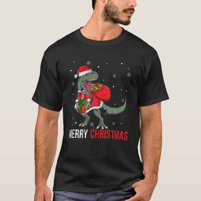 Camiseta Feliz Natal Papais noeis T Rex Dinossaur Engraçado (Frente)