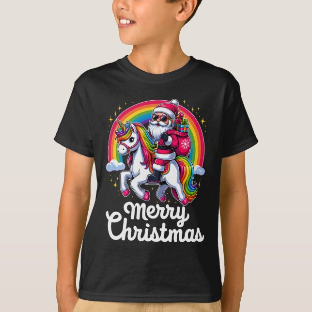 Camiseta Feliz Natal Papais noeis Unicorn Garotas Crianças  (Frente)