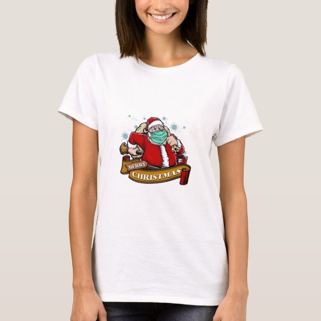 Camiseta Feliz Natal Papais noeis Vestindo Uma Máscara (Frente)