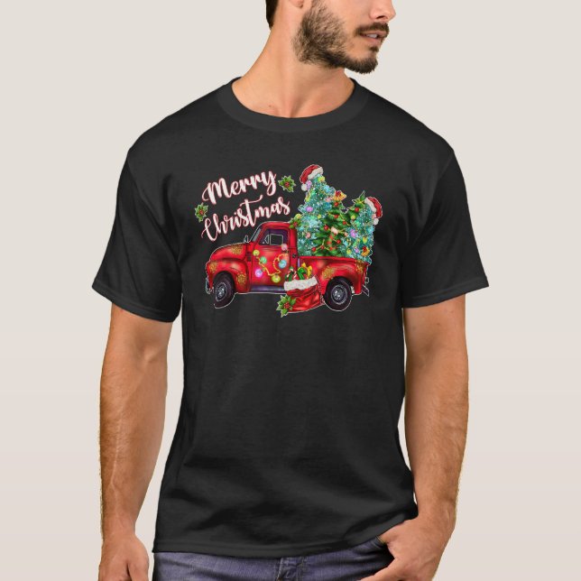 Camiseta Feliz Natal Papais noeis Xmas Red Truck Fazenda Ch (Frente)