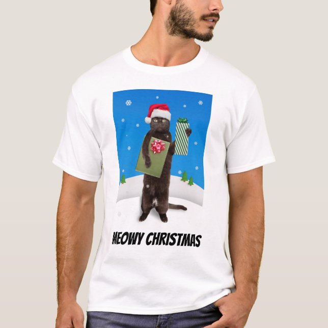 Camiseta Feliz Natal Para Qualquer Gato Preto Com Presentes (Frente)