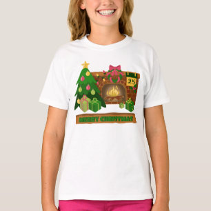 Camiseta Feliz Natal perto da árvore de Natal de lareira bo