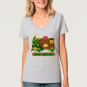 Camiseta Feliz Natal perto da árvore de Natal de lareira bo