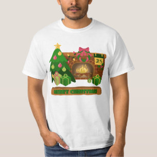 Camiseta Feliz Natal perto da árvore de Natal de lareira bo