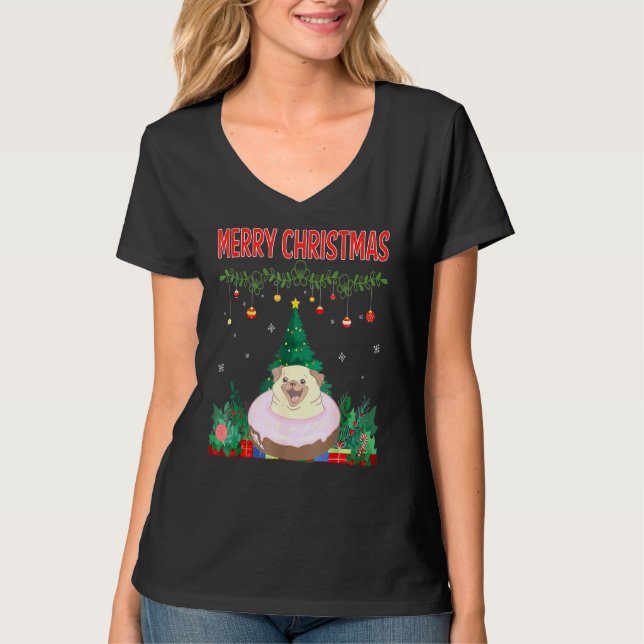 Camiseta Feliz Natal Pug E Donu Com Árvore De Xmas (Frente)