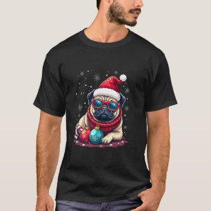 Camiseta Feliz Natal Pug Óculos Solares Santa hat Xmas Dog