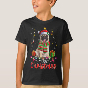 Camiseta Feliz Natal Pug Santa Hat Tree Luzes Xma