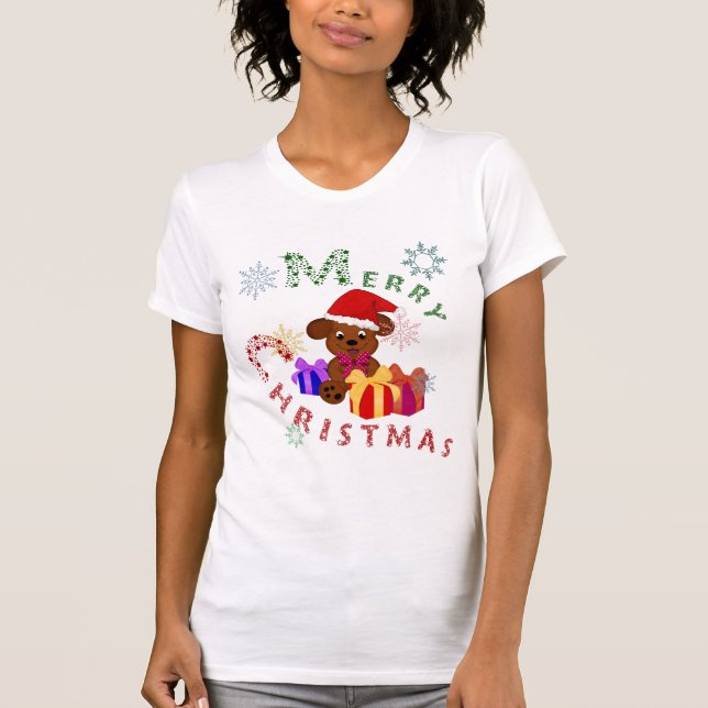Camiseta Feliz Natal Puppy Xmas presente e flocos de neve (Frente)