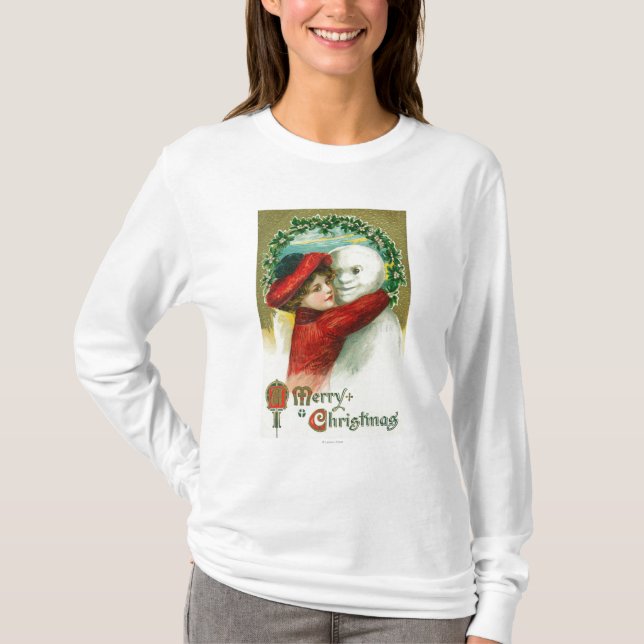 Camiseta Feliz Natal que abraça a cena do boneco de neve (Frente)