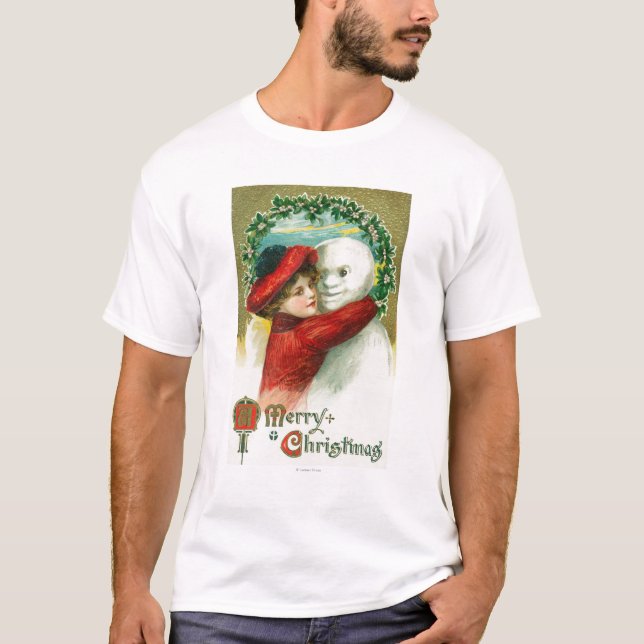 Camiseta Feliz Natal que abraça a cena do boneco de neve (Frente)