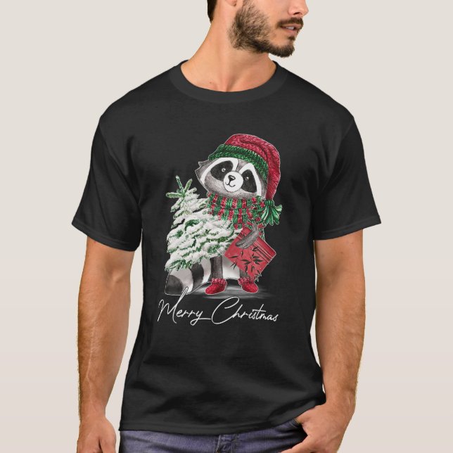 Camiseta Feliz Natal Raccoon Lover Santa Hat Scarf Chri (Frente)