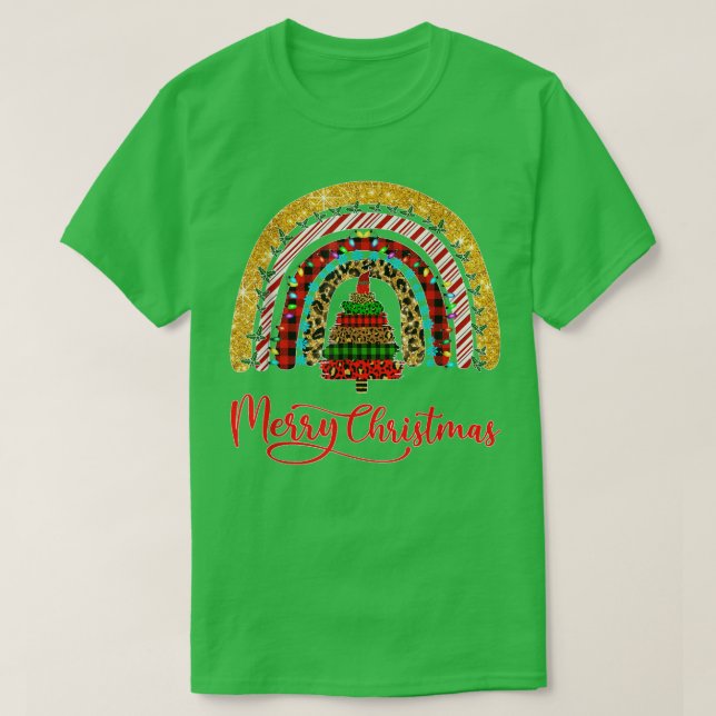 Camiseta Feliz Natal Rainbow Tree Leopard Buffalo Red P (Frente do Design)