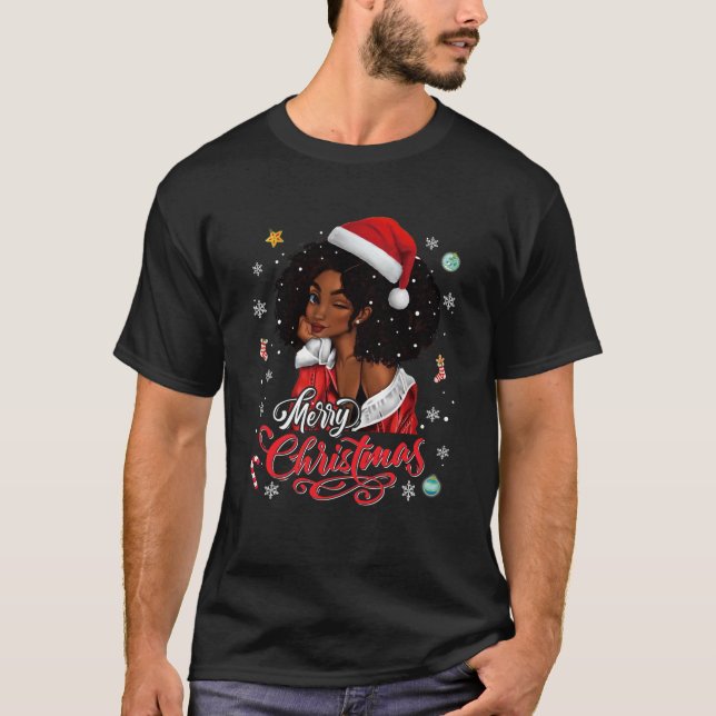 Camiseta Feliz Natal Rainha Negra Papais noeis Africanos (Frente)