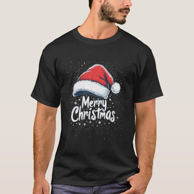 Camiseta Feliz Natal Red Santa Hat Família Xmas Homens (Frente)