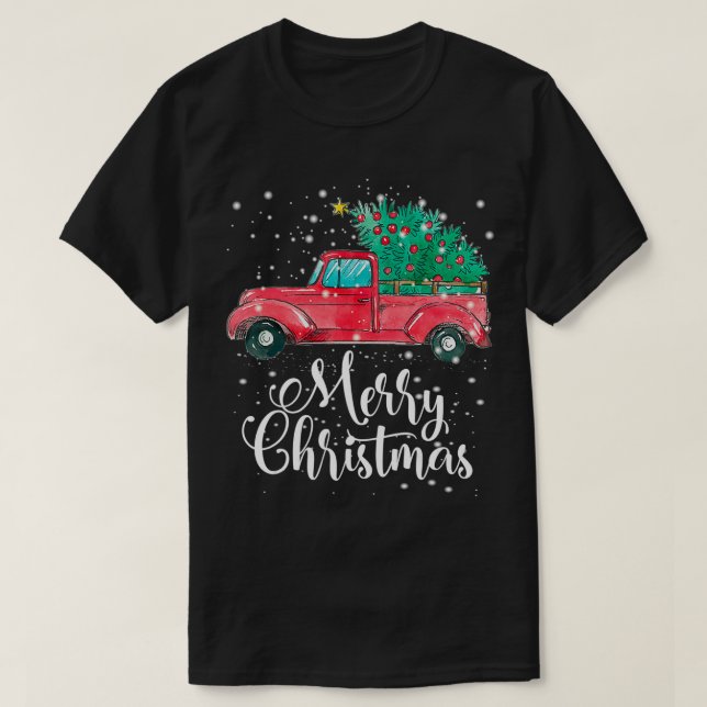 Camiseta Feliz Natal Red Truck Pegar a Família das Árvores  (Frente do Design)