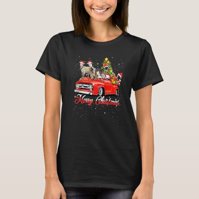 Camiseta Feliz Natal Red Truck Riding Goat Papais noeis Luz (Frente)