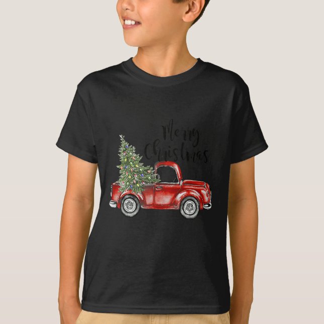 Camiseta Feliz Natal Red Truck Tree Família Engraçada (Frente)