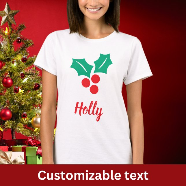 Camiseta Feliz Natal Red White Holly Nome Personalizado de  (Criador carregado)