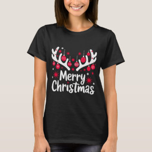 Camiseta Feliz Natal Reindeer Antlers com Ornamentos -