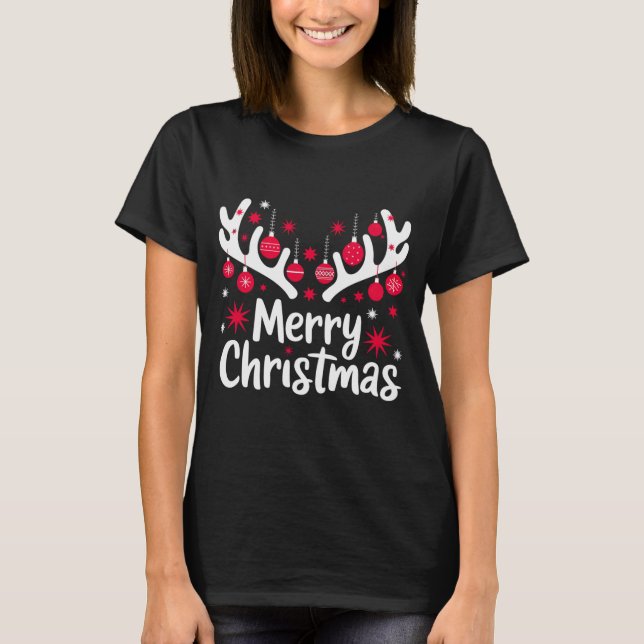 Camiseta Feliz Natal Reindeer Antlers com Ornamentos - (Frente)