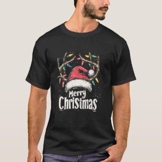 Camiseta Feliz Natal Reindeer Red Santa Hat Homens da Famíl