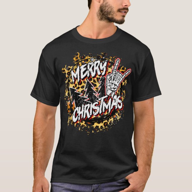 Camiseta Feliz Natal Rock E Roll Leopard Xmas Tree Ro (Frente)
