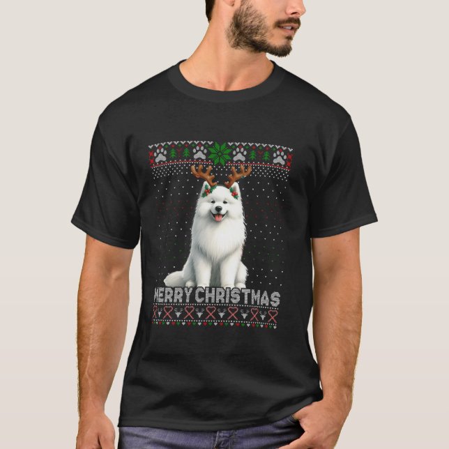 Camiseta Feliz Natal Samoyed Reindeer Dog Lover Ugly Xm (Frente)