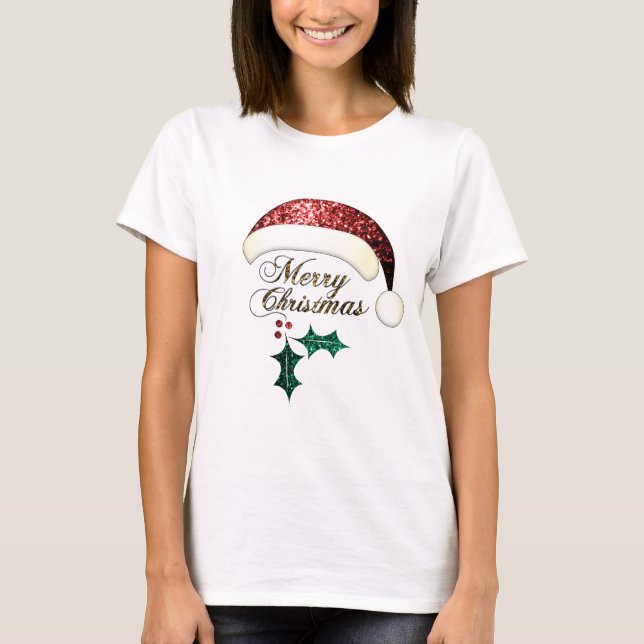 Camiseta Feliz Natal Santa Chapéu Vermelho Dourado Verde (Frente)