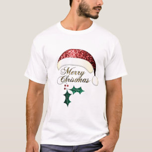 Camiseta Feliz Natal Santa Chapéu Vermelho Dourado Verde