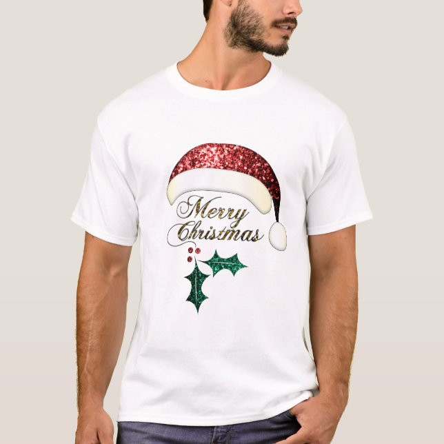 Camiseta Feliz Natal Santa Chapéu Vermelho Dourado Verde (Frente)