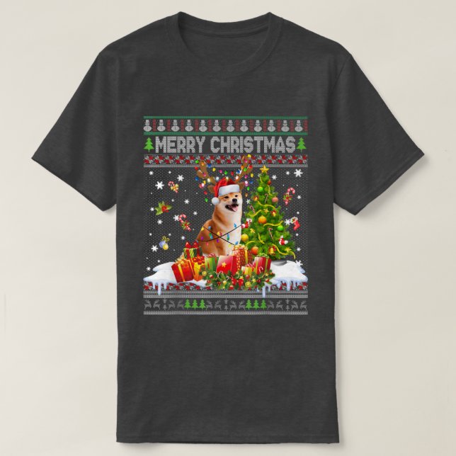 Camiseta Feliz Natal Shiba Inu Papais noeis Xmas Tree Light (Frente do Design)