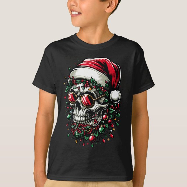 Camiseta Feliz Natal - Skull Santa Hat Family Xmas (Frente)
