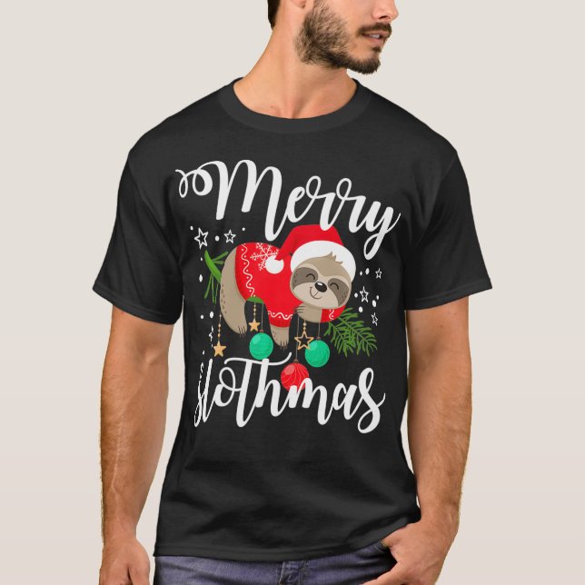 Camiseta Feliz Natal Sloth Lazy Santa Hat (Frente)