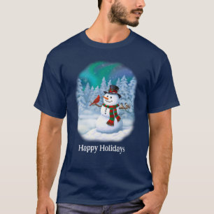 Camiseta Feliz Natal Snowman e Birds Cena de Inverno