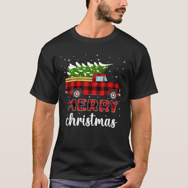 Camiseta Feliz Natal Tree Red Xadrez De Búfalo (Frente)