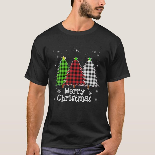 Camiseta Feliz Natal Três Árvores Xmas Xadrez de Buffalo (Frente)