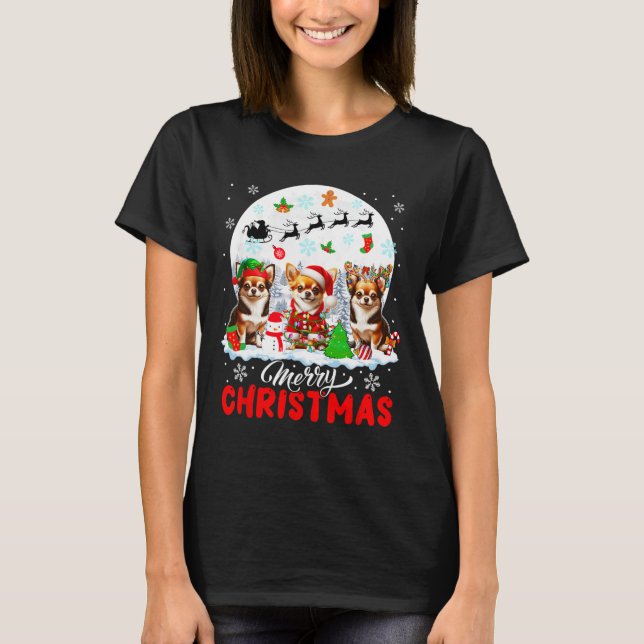 Camiseta Feliz Natal Três Papais noeis Elf Reindeer Chihuah (Frente)
