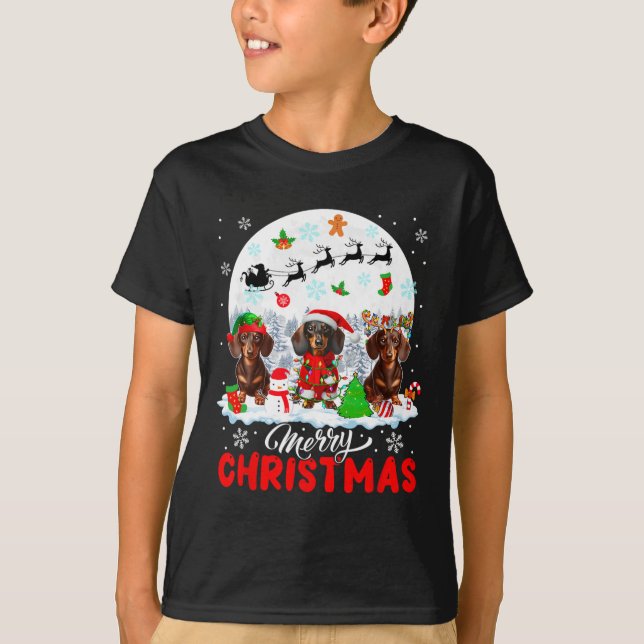 Camiseta Feliz Natal Três Papais noeis Elf Reindeer Dachshu (Frente)