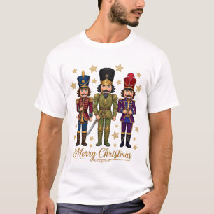 Camiseta Feliz Natal Três Quebra-Nozes Estrelas Douradas
