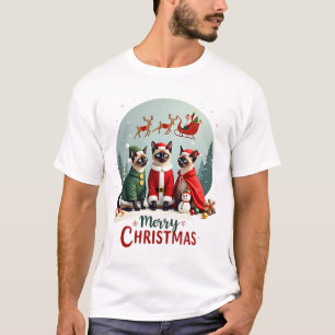 Camiseta Feliz Natal Três Santa Elfo Rena Siamês C