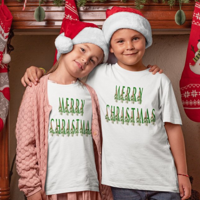 Camiseta Feliz Natal, Velas Font Girls & Boys (Merry Christmas Candle Font Girls & Boys T-Shirt)