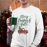 Camiseta Feliz Natal Vintage Caminhão Branco Verde<br><div class="desc">Feliz Natal Y'all - Watercolor Vintage Red Truck com Camiseta de Palha de Natal - Texto Verde</div>
