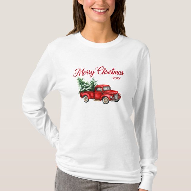 Camiseta Feliz Natal Vintage Red Truck Ano (Frente)
