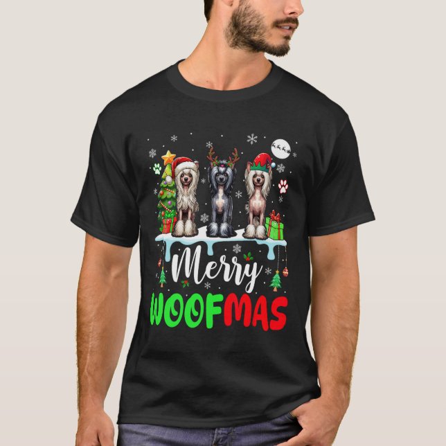 Camiseta Feliz Natal Woof Três Papais noeis Elf Crest Chinê (Frente)