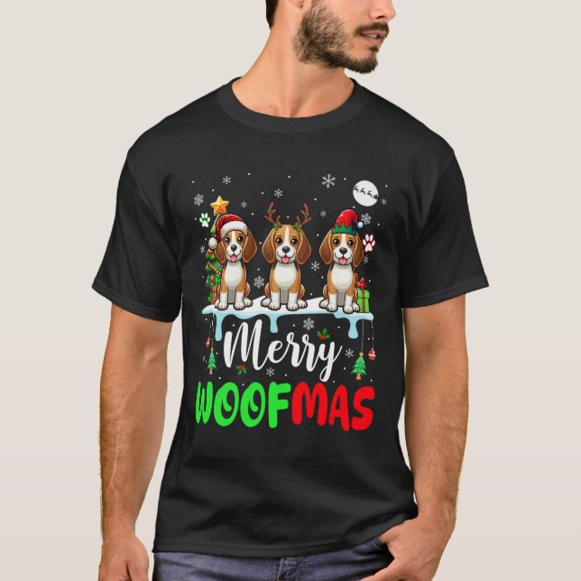Camiseta Feliz Natal Woof Três Papais noeis Reindeer Elf Be (Frente)