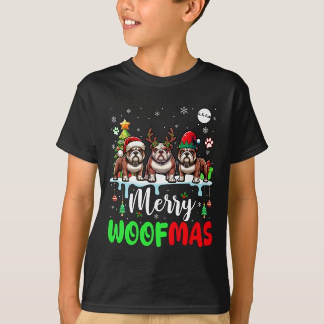 Camiseta Feliz Natal Woof Três Papais noeis Reindeer Elf Bu (Frente)
