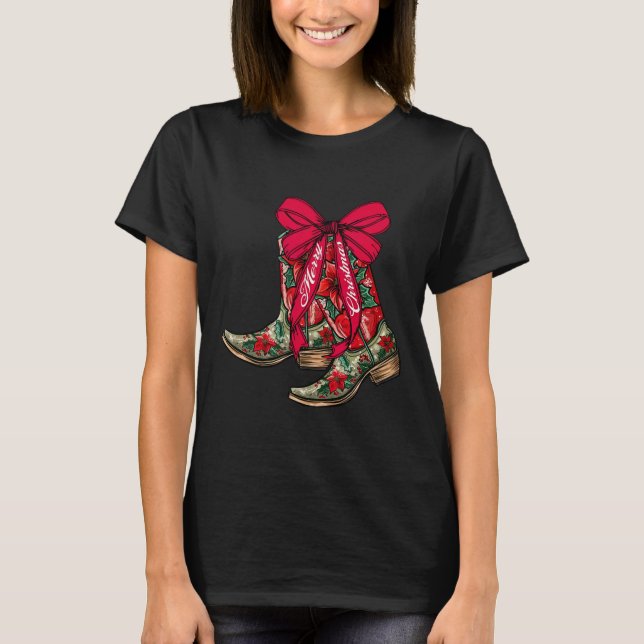 Camiseta Feliz Natal Xmas Cowboy Boots Coquette Arco Paj (Frente)