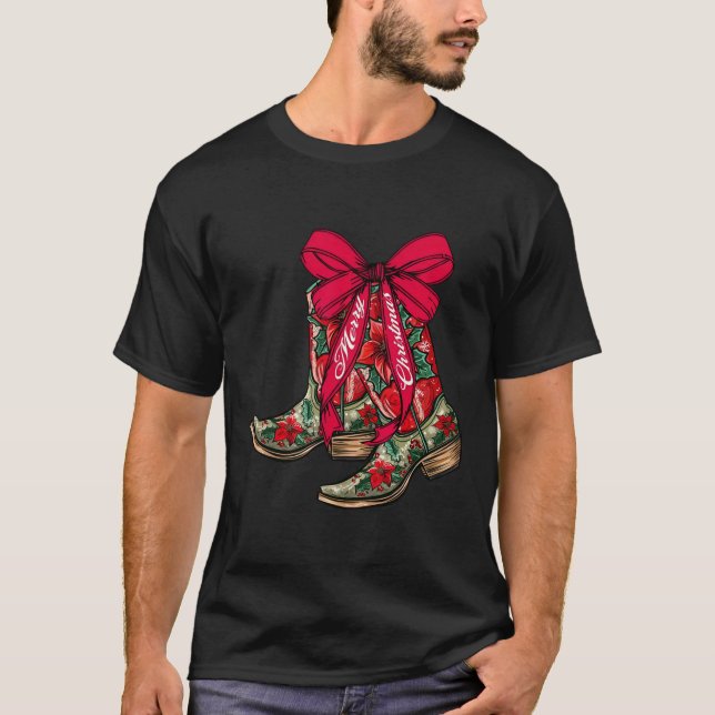 Camiseta Feliz Natal Xmas Cowboy Boots Coquette Arco Paj (Frente)